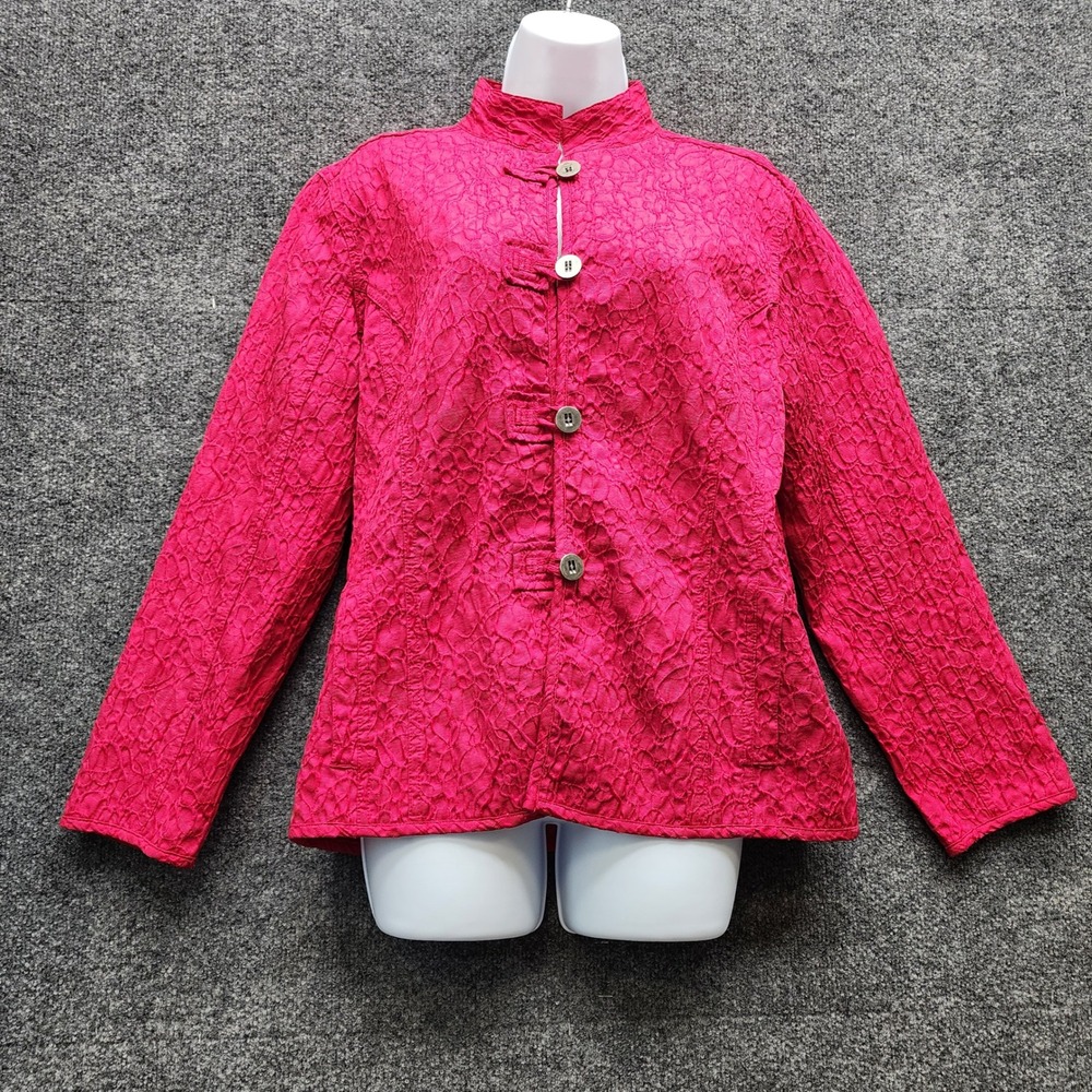 Chico's Women's Fuchsia Textured Lace Mandarin Collar Jacket Large Size 2 Cotton